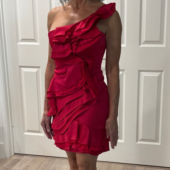 BCBGMaxAzria "Jonesy" One-shoulder Ruffled Mini Dress - Ruby Red Size 4 - Picture 4 of 16